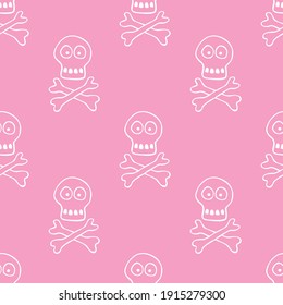 Seamless pattern with human skull and bones. Primitive cartoon style Doodle. Background and texture on theme of Halloween, danger, death, war, poison. For fabric, packaging, party, poster, banner