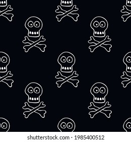Seamless pattern with human skull and bones. Primitive cartoon style Doodle. Background and texture on theme of Halloween, danger, death, war, poison. For fabric, packaging, party, poster, banner