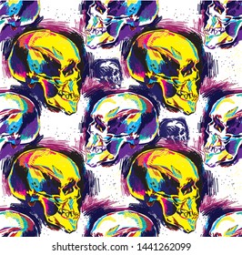 Seamless pattern Human skull, colorful drawing, sketch. Skull, death, magic.