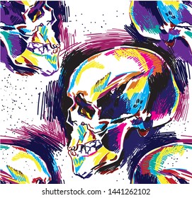 Seamless pattern Human skull, colorful drawing, sketch. Skull, death, magic.