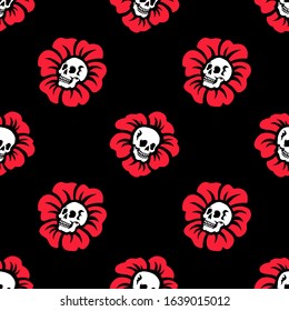 Seamless pattern. Human skull in a flower. Flowers with human skulls. Illustration for Halloween. Also great for Valentine's Day. For greeting cards, invitations, T-shirts and more.