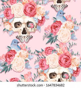 Seamless pattern with human skull and flowers