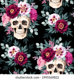 Seamless pattern with human skull and flowers