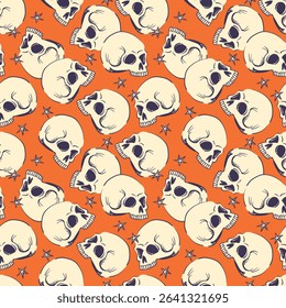 Seamless pattern with human skull for Halloween. Vector stylized craniums . Background with human bone for product design in mystical style.