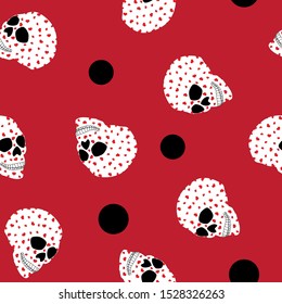 Seamless pattern human skull in hearts and black spots on red background. Scary head bone in love print, dead face wall paper. Valentine day romantic texture, vector eps 10