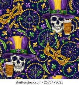 Seamless pattern with human skull in purple tall hat, scattered fleur de lis, strings of beads, confetti. Mardi Gras carnival design. Vintage illustration for holiday, party design