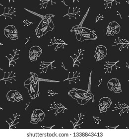 Seamless pattern. Human skull and unicorn skull among branches. Illustration for Halloween.