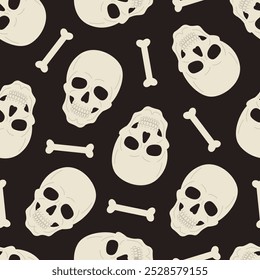 Seamless pattern with human skulls ans bones on black background. Scary Halloween print. Pirate symbol. Vector flat illustration