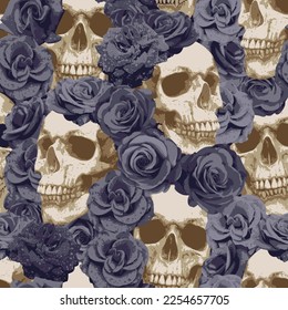 Seamless pattern with human skulls and black roses. Vector background with sinister smiling skulls. Graphic print for clothes, fabric, wallpaper, wrapping paper