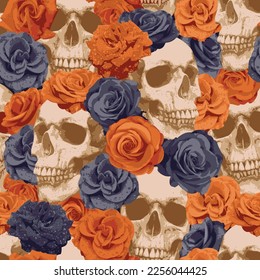 Seamless pattern with human skulls and black and red roses. Vector background with sinister smiling skulls. Graphic print for clothes, fabric, wallpaper, wrapping paper