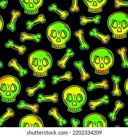 Seamless pattern with human skulls and bones. Hand drawn vector illustration in doodle style on a black background.