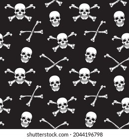 Seamless pattern with human skulls and crossbones on black background. Vector illustration, pattern swatch included.
