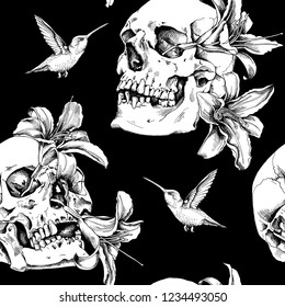 Seamless pattern. Human skulls with a exotic flowers and hummingbird. Textile composition, hand drawn style print. Vector black and white illustration.