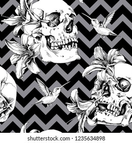 Seamless pattern. Human skulls with a exotic flowers and hummingbird on a geometric background. Textile composition, hand drawn style print. Vector black and white illustration.