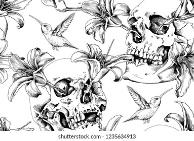 Seamless pattern. Human skulls with a exotic flowers and hummingbird. Textile composition, hand drawn style print. Vector black and white illustration.