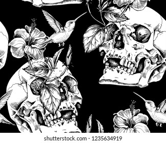 Seamless pattern. Human skulls with a exotic Hibiscus flowers and hummingbird. Textile composition, hand drawn style print. Vector black and white illustration.