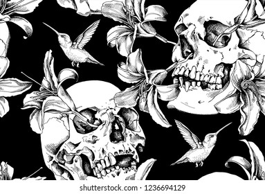 Seamless pattern. Human skulls with a exotic flowers and hummingbird. Textile composition, hand drawn style print. Vector black and white illustration.