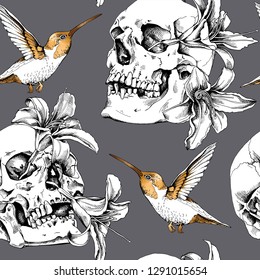 Seamless pattern. Human skulls with a exotic Hibiscus flowers and gold hummingbird. Textile composition, hand drawn style print. Vector illustration.