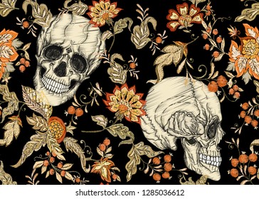 Seamless Pattern with human skulls and folk, vintage  flowers. Imitation of embroidery. Colored vector illustration.