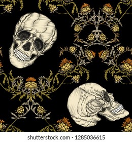 Seamless Pattern with human skulls and folk, vintage  flowers. Imitation of embroidery. Colored vector illustration.