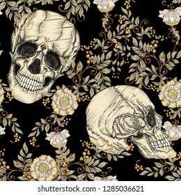 Seamless Pattern with human skulls and folk, vintage  flowers. Imitation of embroidery. Colored vector illustration.
