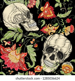 Seamless Pattern with human skulls and folk, vintage  flowers. Imitation of embroidery. Colored vector illustration.