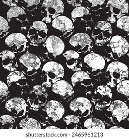 Seamless pattern with human skulls with grunge texture. Vector background with sinister smiling skulls in retro style. Graphic print for clothes, fabric, wallpaper, wrapping paper