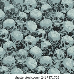 Seamless pattern with human skulls with grunge texture. Vector background with sinister smiling skulls in retro style. Graphic print for clothes, fabric, wallpaper, wrapping paper