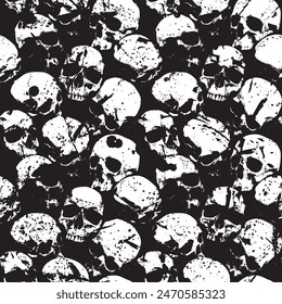 Seamless pattern with human skulls with grunge texture. Vector background with sinister smiling skulls in retro style. Graphic print for clothes, fabric, wallpaper, wrapping paper