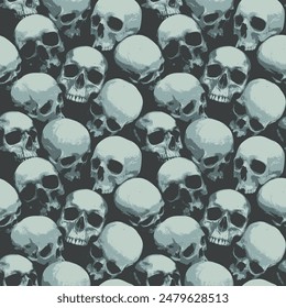 Seamless pattern with human skulls with grunge texture. Vector background with sinister smiling skulls in retro style. Graphic print for clothes, fabric, wallpaper, wrapping paper