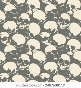 Seamless pattern with human skulls with grunge texture. Vector background with sinister smiling skulls in retro style. Graphic print for clothes, fabric, wallpaper, wrapping paper