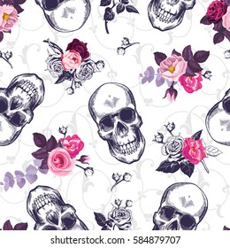 Seamless pattern with human skulls and half colored bunches of flowers in woodcut style and baroque ornament on background. Vintage backdrop. Vector illustration for wallpaper, textile print, poster.