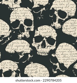 Seamless pattern with human skulls and handwritten text. Vector background with sinister smiling skulls in retro style. Graphic print for clothes, fabric, wallpaper, wrapping paper