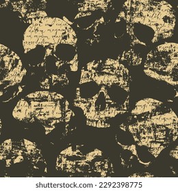 Seamless pattern with human skulls and handwritten text. Vector background with sinister smiling skulls and grunge texture. Graphic print for clothes, fabric, wallpaper, wrapping paper