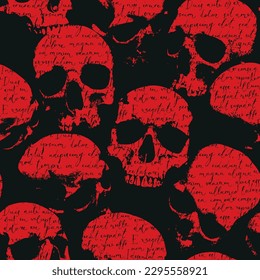 Seamless pattern with human skulls and handwritten text. Vector background with sinister smiling skulls in retro style. Graphic print for clothes, fabric, wallpaper, wrapping paper