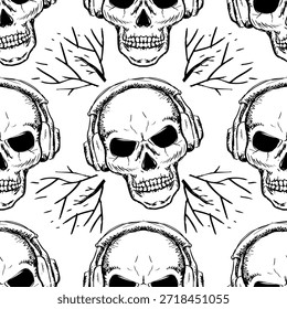 Nahtloses Muster mit menschlichen Schädeln und Kopfhörern. Schwarz und weiß. Vektorgrafik.