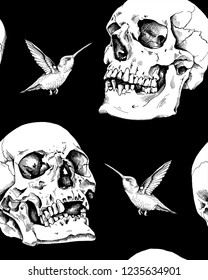 Seamless pattern. Human skulls and hummingbirds. Textile composition, hand drawn style print. Vector black and white illustration.