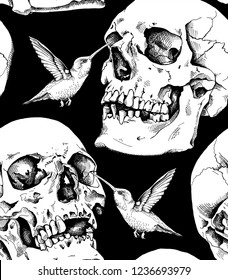 Seamless pattern. Human skulls and hummingbirds. Textile composition, hand drawn style print. Vector black and white illustration.