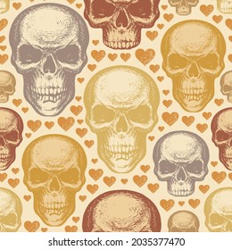 Seamless pattern with human skulls in love and cute hearts on a beige backdrop. Vector background in retro style with hand-drawn skulls. Graphic print for clothing, fabric, wrapping paper, wallpaper