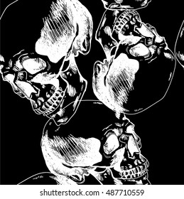 
Seamless pattern with human skulls . Mystical pattern in vintage style . Drawing by hand . 
Black and white. Monochrome.