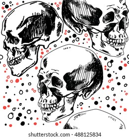 Seamless pattern with human skulls . Mystical pattern in vintage style . Drawing by hand . 
Black and white. 