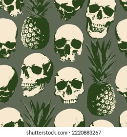 Seamless pattern with human skulls and pineapples . Vector background with sinister smiling skulls in retro style. Graphic print for clothes, fabric, wallpaper, wrapping paper