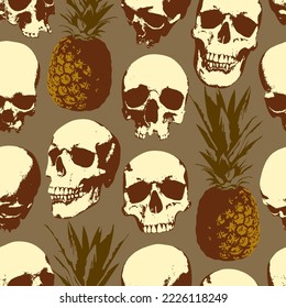 Seamless pattern with human skulls and pineapples . Vector background with sinister smiling skulls in retro style. Graphic print for clothes, fabric, wallpaper, wrapping paper