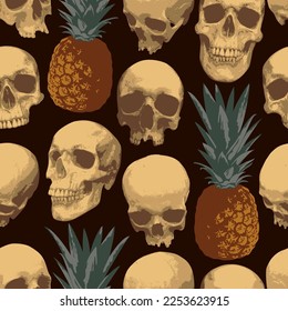 Seamless pattern with human skulls and pineapples . Vector background with sinister smiling skulls. Graphic print for clothes, fabric, wallpaper, wrapping paper