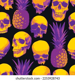 Seamless pattern with human skulls and pineapples . Vector background with sinister smiling skulls. Graphic print for clothes, fabric, wallpaper, wrapping paper