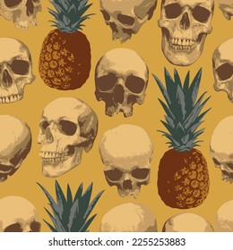 Seamless pattern with human skulls and pineapples . Vector background with sinister smiling skulls. Graphic print for clothes, fabric, wallpaper, wrapping paper