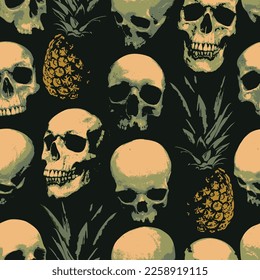 Seamless pattern with human skulls and pineapples . Vector background with sinister smiling skulls. Graphic print for clothes, fabric, wallpaper, wrapping paper