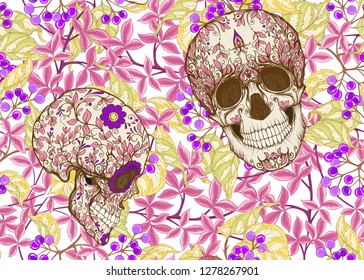 Seamless Pattern with human skulls and  plants. Colored vector illustration.