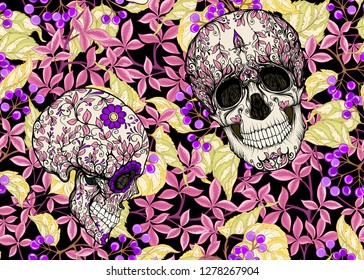 Patrón sin problemas con cráneos humanos y plantas. Ilustración vectorial coloreada.