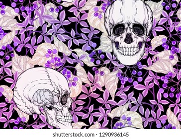 Seamless Pattern with human skulls and  plants. Colored vector illustration.